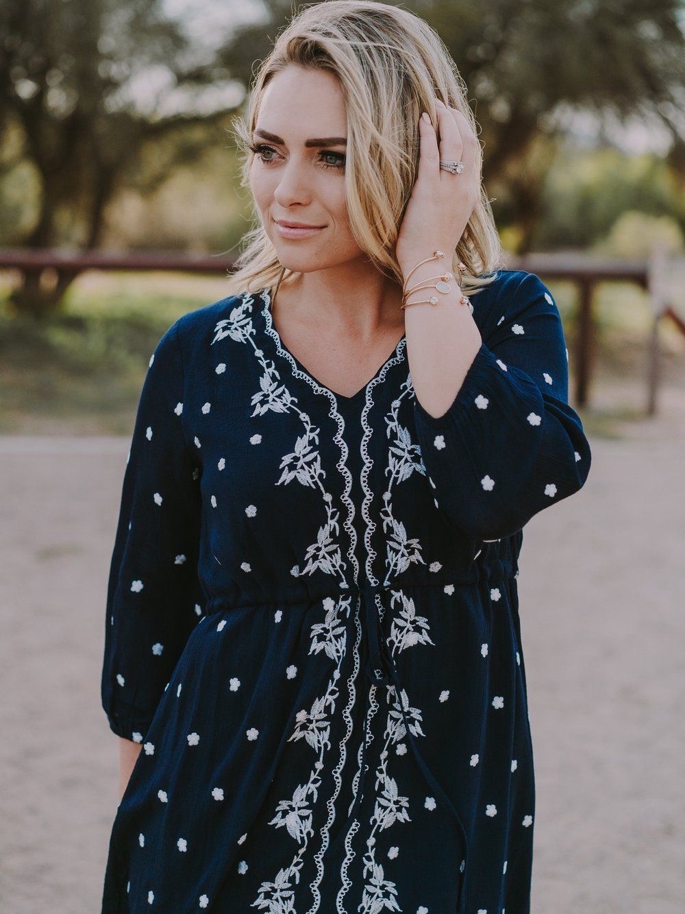 Embroidered Navy Midi Dress with White Floral Detail